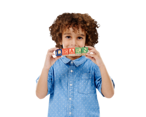 Portrait, kid and blocks for learning abc, studying or reading, language or building isolated on a transparent png background. Face, education or child with alphabet, wood toys or student development