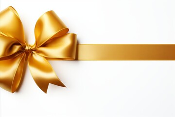 Golden ribbon bow for birthday or christmas banner, isolated on white background with copy space
