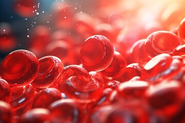Vibrant abstract background with close up of blood cells  leukocytes, erythrocytes, and more. - obrazy, fototapety, plakaty