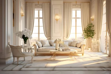 Fototapeten Decoration for living room mix of italian and roman, Large blank frame on wall, White and ivory colors, sunlight ray from window, © Micromedia