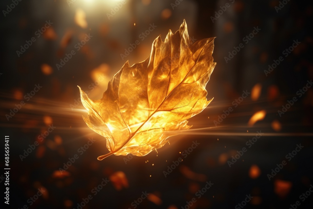 Poster a beautiful golden leaf floating gracefully in the air. perfect for adding a touch of elegance and n