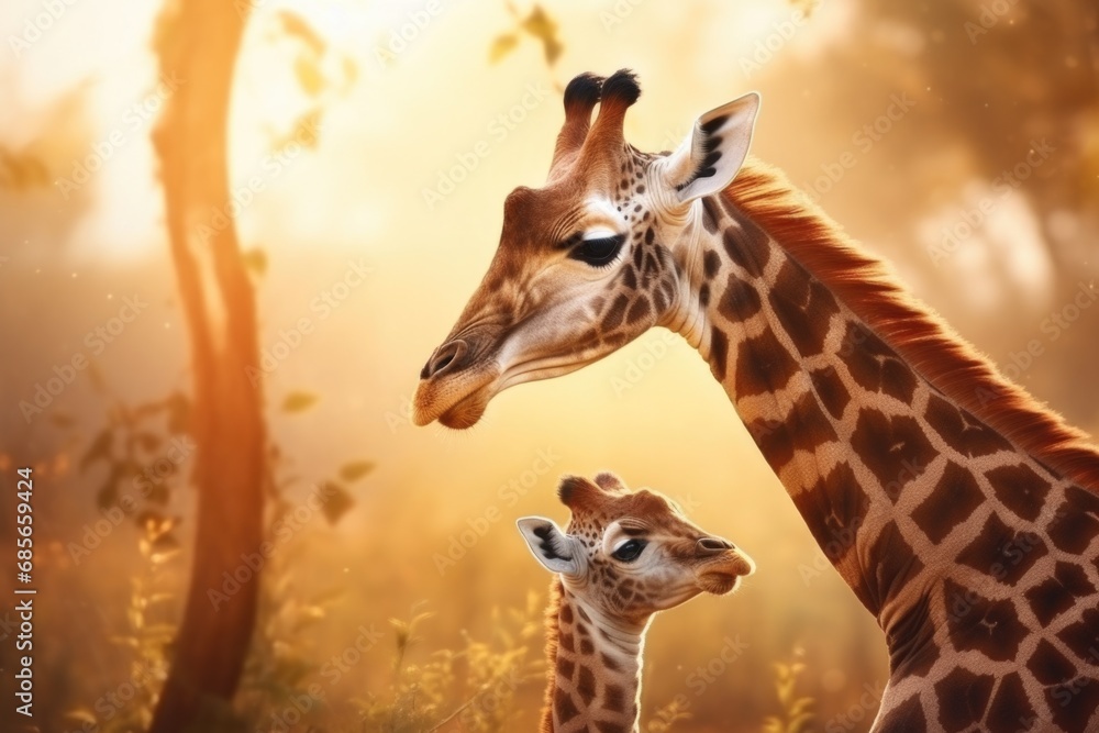 Poster a picture of two giraffes standing next to each other in a field. this image can be used to depict w