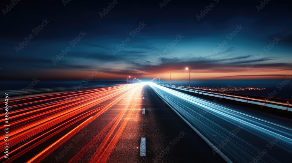 Poster abstract long exposure with colorful speed light trail concept. generative ai.