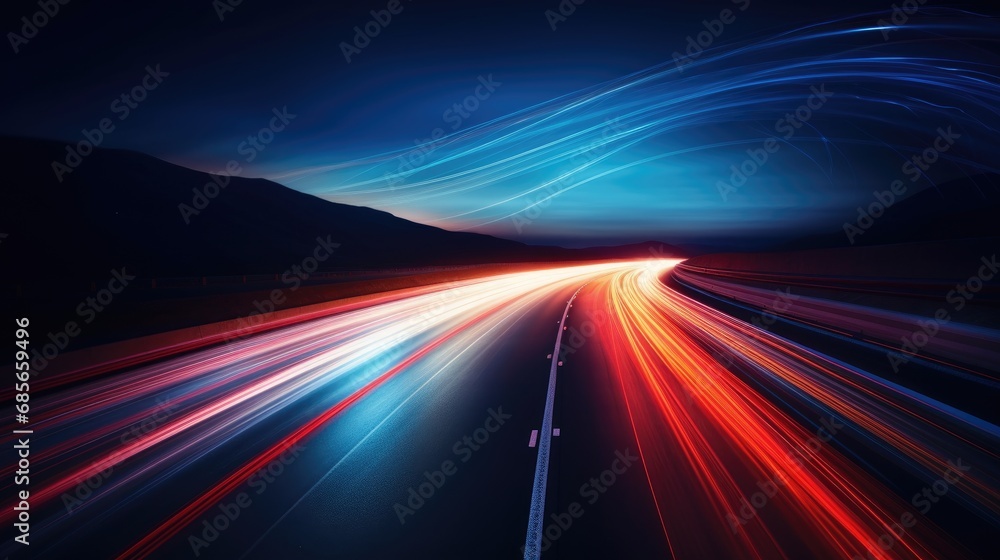 Poster abstract long exposure with colorful speed light trail concept. generative ai.