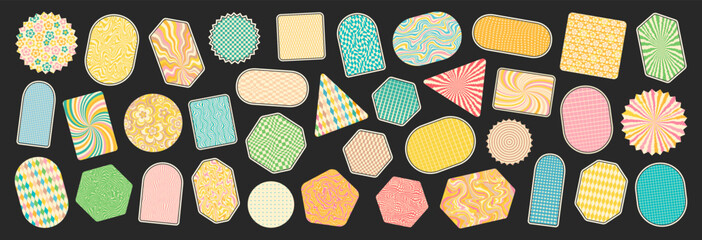 Groovy backgrounds set. Hippie retro stickers. 70s groovy style backdrops. Retro groovy stickers. 60s doodle patch badges. Vintage cartoon wallpapers.