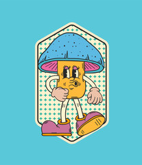 Mushroom character. Retro cartoon character. Mushroom sticker. Hippie patch badge. Vintage animation art. Groovy doodle. Vintage cartoon. 60s and 70s nostalgia.