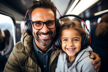 Portrait of a smiling joyful man and girl wearing headphones sharing a moment. Concept of parents and children, modern children and gadgets, technologies from early childhood