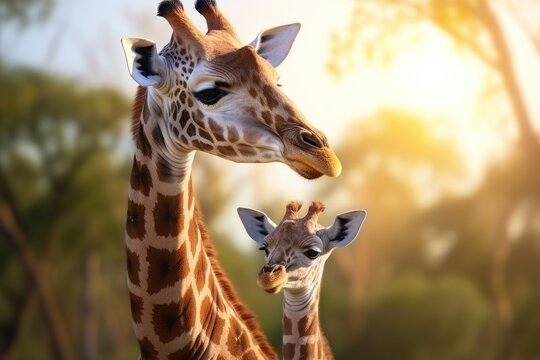 Two giraffes standing next to each other in a forest. This image can be used to depict wildlife, nature, animals, or safari themes