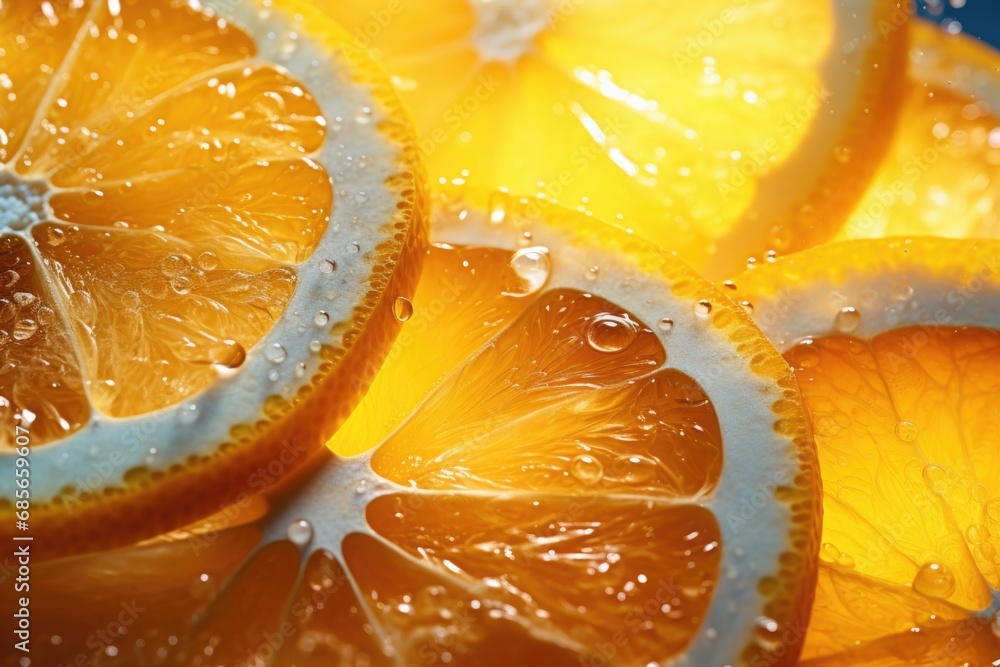 Poster a close up view of a bunch of orange slices. this vibrant image can be used in various food and drin