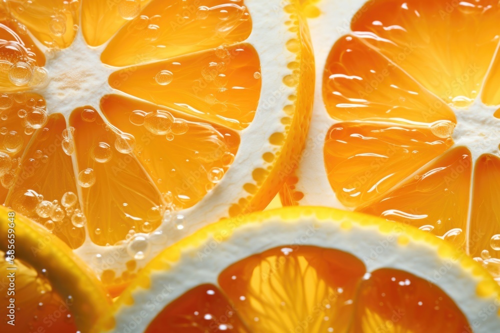 Poster a close up view of orange slices arranged neatly on a table. this vibrant image can be used to depic