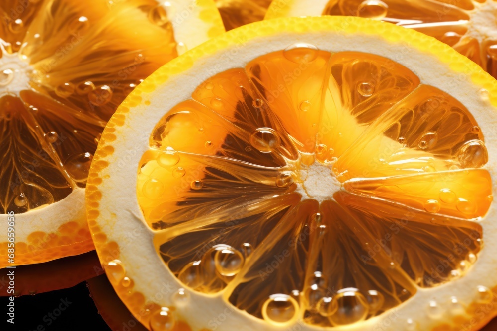 Poster a close-up view of a sliced orange resting on a table.