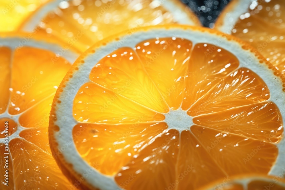 Poster a detailed view of fresh orange slices arranged neatly on a table. this image can be used to showcas