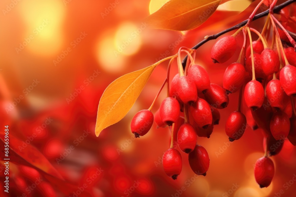 Poster a picture capturing a bunch of red berries hanging from a tree. this image can be used to depict the