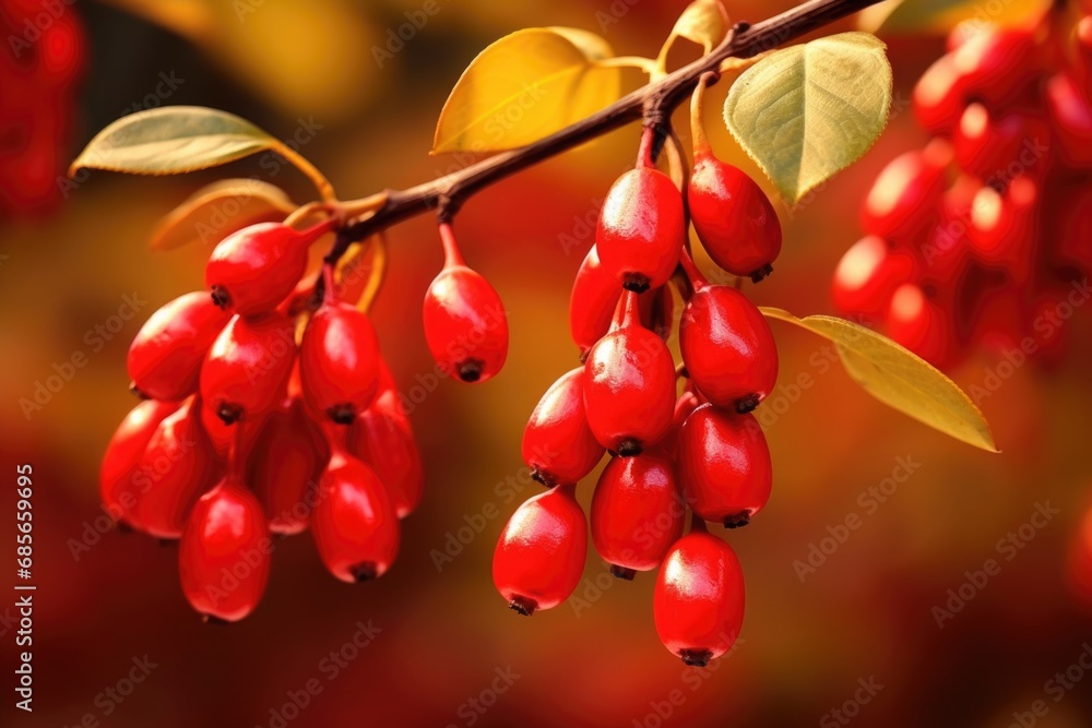 Poster a vibrant image showcasing a bunch of red berries hanging from a tree. this picture can be used to a