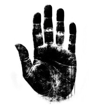 Black handprint isolated on a transparent background. Dactyloscopic handprints, PNG with transparency.