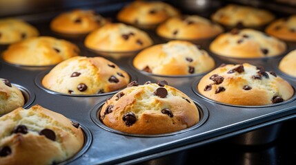 Muffins in einer Muffinform mit Schokoladenstückchen.. Backform für Muffins mit Schokospitter.