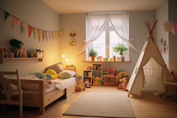 A cozy and playful child's bedroom featuring a teepee tent and an assortment of toys. 