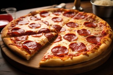 Pepperonipizza - Pizza, mit Peperoni Salami belegt. Pizzastücke geachtelt mit verlaufenden Käse.