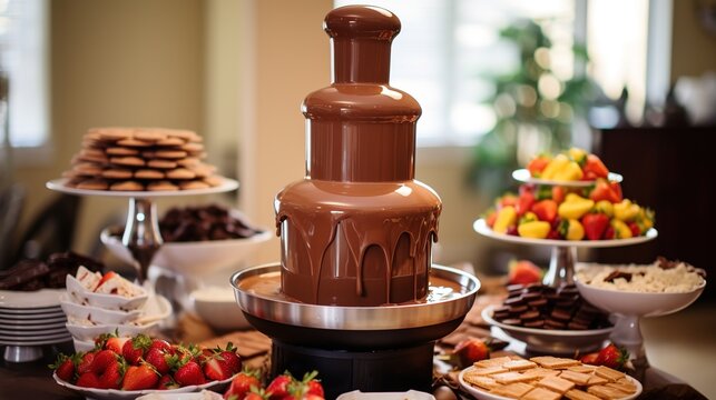 Schokobrunnen im Restaurant oder auf einer privaten Feier. Schokoladenbrunnen zum Buffet.