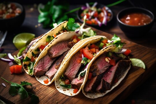 Steak Tacos mit Gem&uuml;se. Tacos lecker angerichtet und serviert mit einer deftigen F&uuml;llung aus Steak, Fleisch, mit Tomaten und Zuccini.