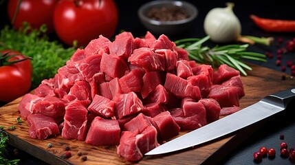 Naklejka premium Roher geschnittener Gulasch. Rindergulasch auf einem Schneidebrett in der Küche mit Zutaten für ein Essen.
