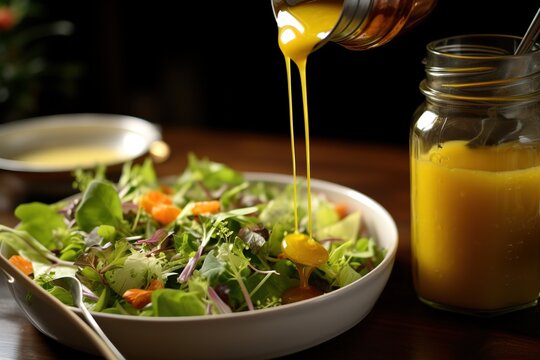 Salat mit selbstgemachtem Honigdressing. Gesundes Dressing mit Honig.