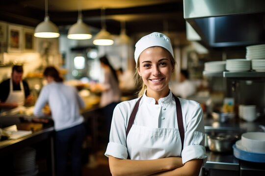 Junge K&uuml;chenchefin steht stolz vor Ihrer K&uuml;che im Restaurant. F&uuml;hrungskraft in der Gastronomie oder Jungk&ouml;chin bei der Arbeit. Auszubilden K&ouml;chin in der Restaurantk&uuml;che.