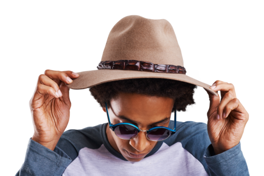 Fashion hat, sunglasses and face of man with casual clothes, trendy accessories and summer outfit. Fashionable, apparel wear and model glasses, style and cap isolated on transparent, png background