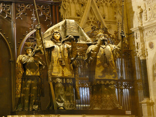 Sevilla (Spain). Detail of the grave of Christopher Columbus inside the Cathedral of Seville