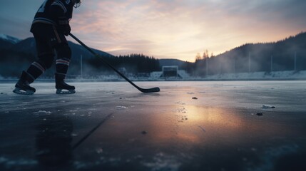 Fototapeta na wymiar A man playing ice hockey photo realistic illustration - Generative AI.