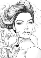 Woman with flowers in her hair. Coloring page for adult. 