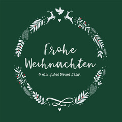 Cute hand drawn christmas wreath with text "Merry Christmas and a Happy New Year" in german, great for banners, wallpapers