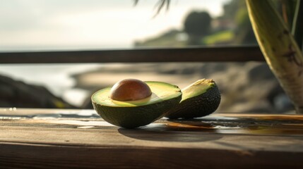 Avocado on a wooden table in front of the sea. Selective focus. Vegan Concept. Healthy Food Concept with copy space.