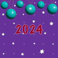 New Year 2024. Violet background with green balls, snow and red text 2024