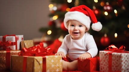 Fototapeta na wymiar Baby's first christmas living room. baby with santa hat smiling. holiday christmas decoration. beautiful christmas tree with fireplace. presents and lights