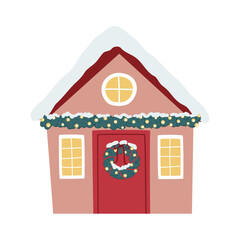 Vector Christmas illustration with cute house lettering in flat style. Can be used for cards, posters, printing on fabric, paper, etc.