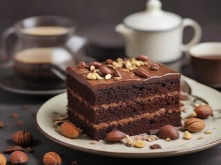 Fototapeta na wymiar chocolate cake and coffee cup Generate AI