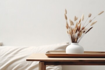 Modern white ceramic vase with dry Lagurus ovatus grass and marble tray on vintage wooden bench, table. Blurred beige linen blanket in front. Scandinavian interior. Empty white wall. generative ai. - obrazy, fototapety, plakaty