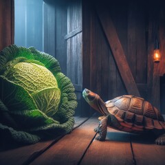 giant islnd turtle and green cabbage - obrazy, fototapety, plakaty