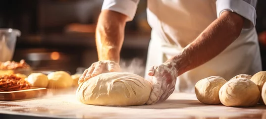 Crédence de cuisine en verre imprimé Pain Skilled baker kneading dough in bakery for bread baking bright photo with blurred background