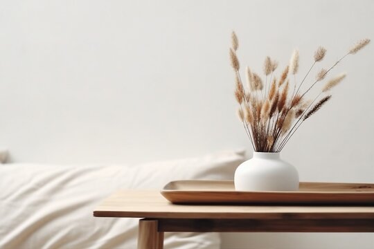 Modern white ceramic vase with dry Lagurus ovatus grass and marble tray on vintage wooden bench, table. Blurred beige linen blanket in front. Scandinavian interior. Empty white wall. generative ai.