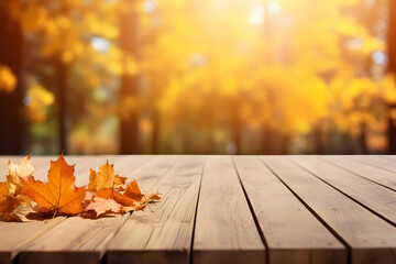 Naklejka na ściany i meble Wooden table with orange leaves autumn background. Generative AI.