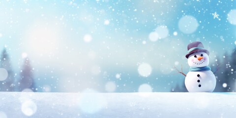 Christmas winter background with snow, one cute snowman and blurred bokeh. Merry Christmas and happy new year Vector illustration with empty space for text
