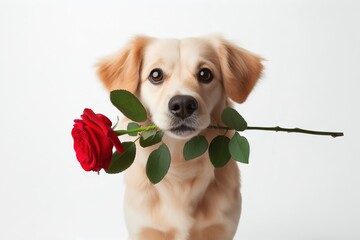 Valentine's Day concept. Funny portrait cute dog puppy with red rose flower in his mouth, isolated on a white background. Lovely dog in love gives a gift on Valentine's Day - obrazy, fototapety, plakaty