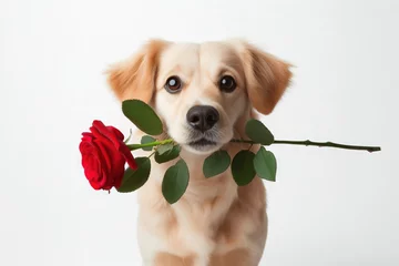 Schilderijen op glas Valentine's Day concept. Funny portrait cute dog puppy with red rose flower in his mouth, isolated on a white background. Lovely dog in love gives a gift on Valentine's Day © Екатерина Переславце