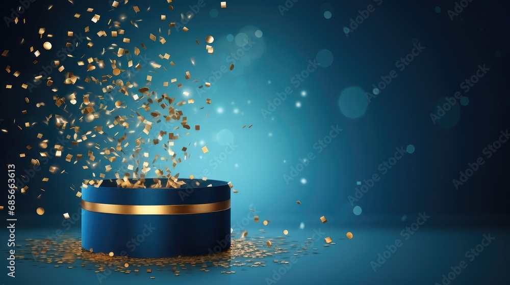 Poster blue gradient background, blue round box exploding with gold confetti, high quality ai generative