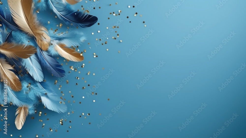 Poster feathers on blue background with golden confetti. 3d rendering