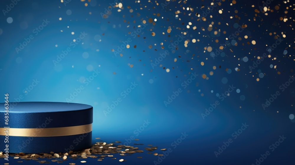 Poster blue gradient background, blue round box exploding with gold confetti, high quality ai generative