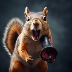 A squirrel with a megaphone making an announcement - obrazy, fototapety, plakaty