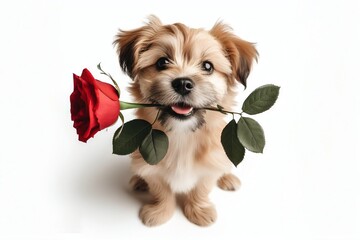 Valentine's Day concept. Funny portrait cute dog puppy with red rose flower in his mouth, isolated on a white background. Lovely dog in love gives a gift on Valentine's Day - obrazy, fototapety, plakaty